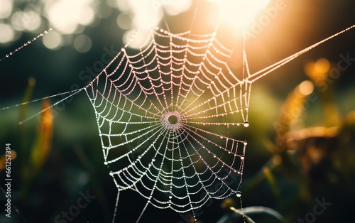Cold dew condensing on a spider web with morning light rays in the background