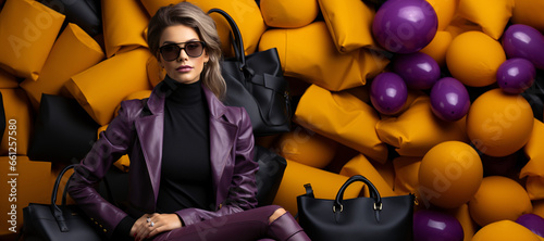 Black friday sale concept. Shopping woman holding bag background in holiday