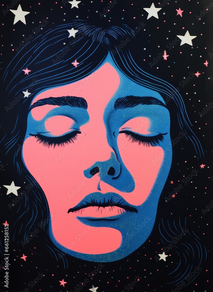 Beautiful celestial female face - star gazing, ethereal illustration for magazine style content. Risograph screen print style textures and art