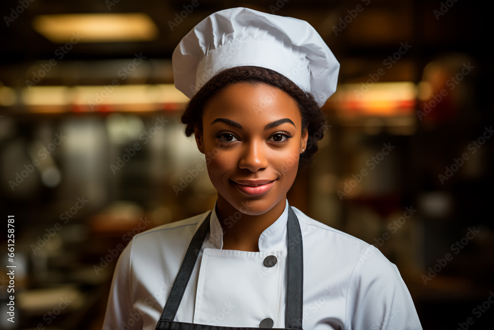Portrait of African woman chef on kitchen background. A woman in a chef's hat and an apron. Portrait of African woman chef on kitchen background. A woman in a chef's hat and an apron.