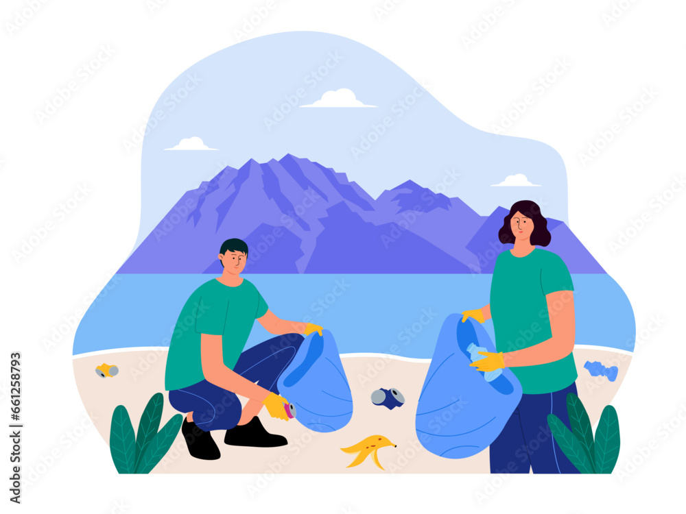 Social activity vector illustration. People cleaning the beach.
