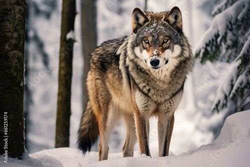 Portrait of a wolf in a winter forest