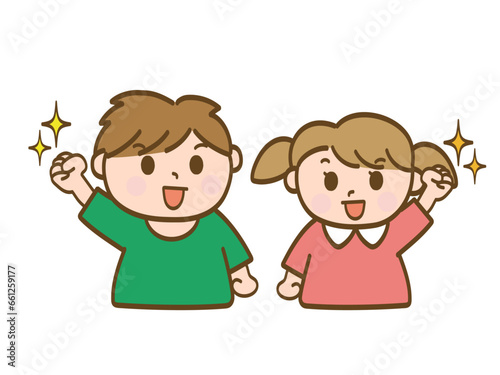 エイエイオーとやる気満々の男の子と女の子_小学生低学年_幼児