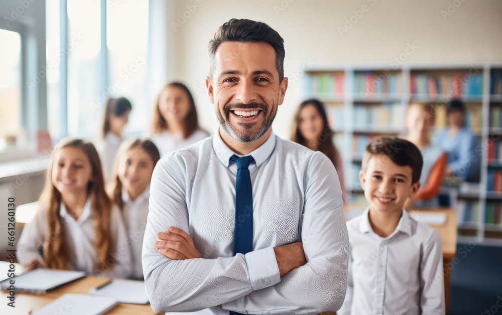 Smiling male teacher in a class at elementary school looking at camera with learning students on background Smiling male teacher in a class at elementary school looking at camera with learning students on background