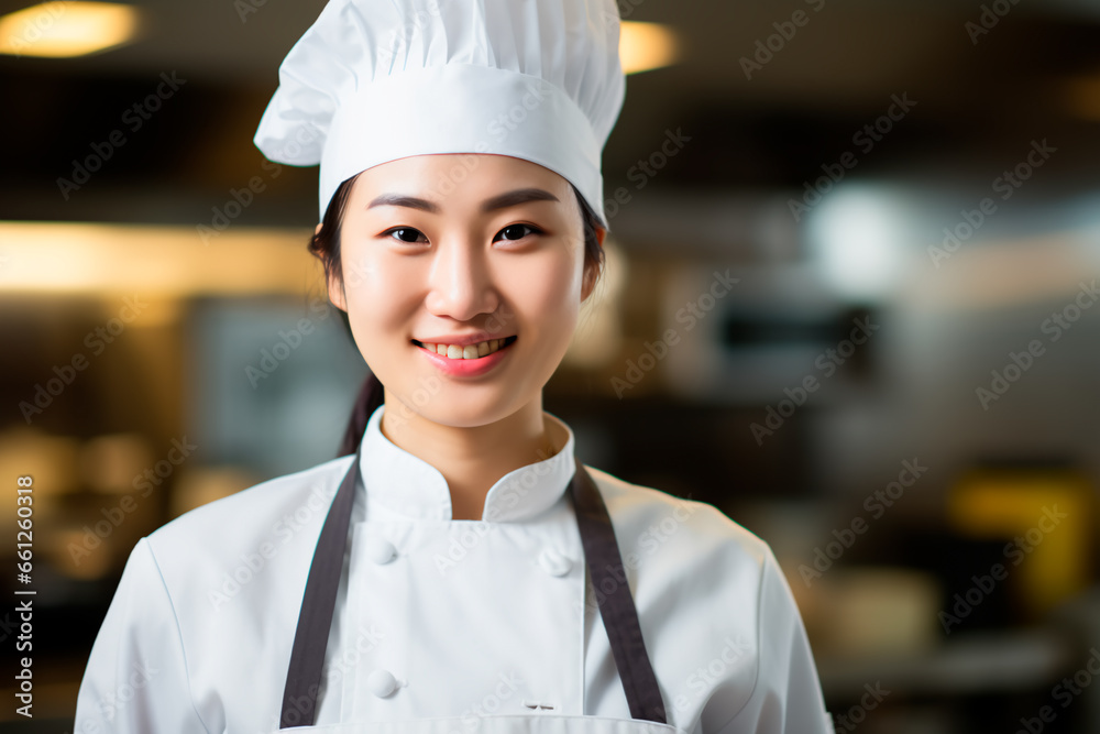 Portrait of Asian female chef on kitchen background. A woman in a chef's hat and an apron. Portrait of Asian female chef on kitchen background. A woman in a chef's hat and an apron.