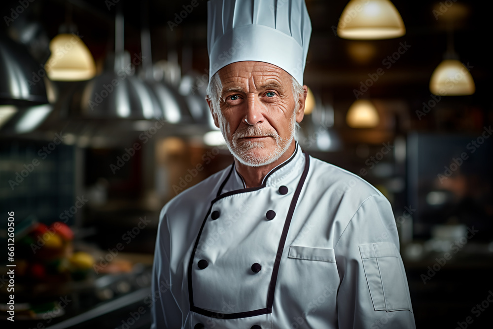 Portrait of a handsome European male chef on a kitchen background. A man in a chef's hat and an apron.