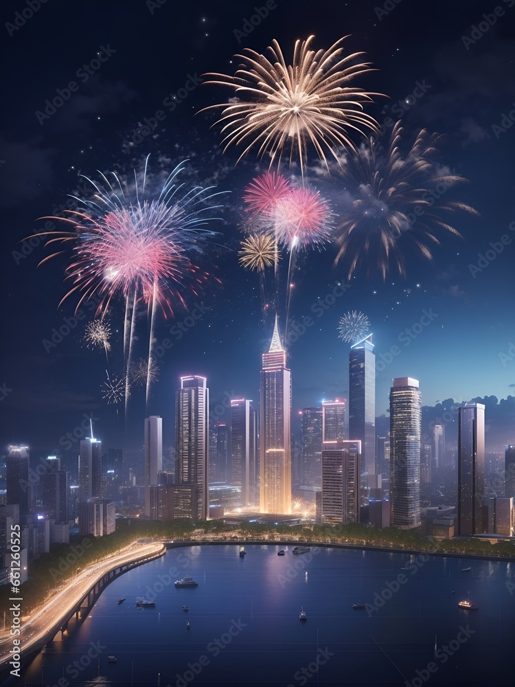 Celebrate the new year, a city with fireworks, AI generated