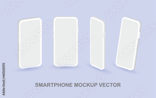 Smartphone mock up in different angles isolated vector. 3D perspective view mobile phone mockup with white empty screen isolated. Smart device UI, UX mock up for design, presentation template. Vector.