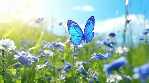 Beautiful summertime natural scene with fluttering butterflies and enchanted blue flowers. macro landscape of a wild grassland.