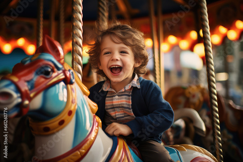 A happy young kid expressing excitement while on a colorful carousel © Kien