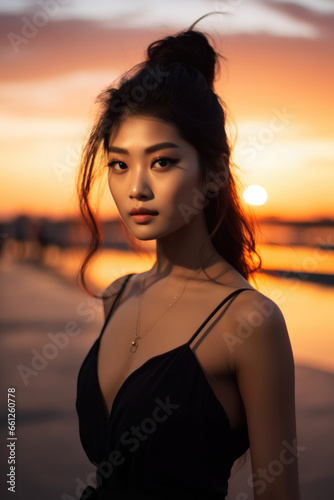 Portrait of Asian girl at sunset.