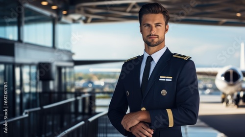 Foto Handsome confident pilot on the airport background
