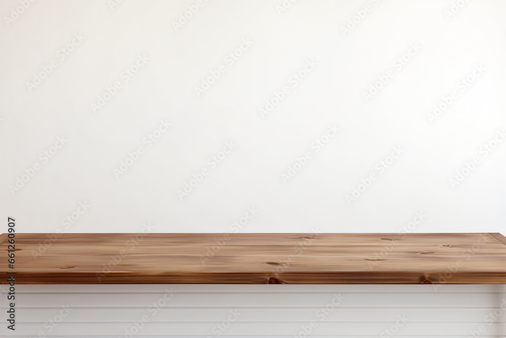 empty wooden table set against a white wall background provides an ideal s for product advertisement empty wooden table set against a white wall background provides an ideal s for product advertisement