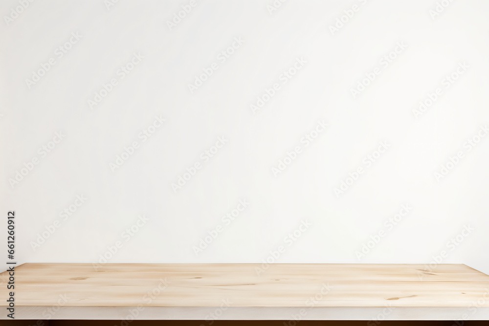 empty wooden table set against a white wall background provides an ideal s for product advertisement empty wooden table set against a white wall background provides an ideal s for product advertisement