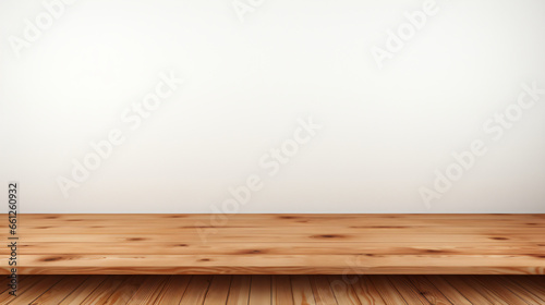 empty wooden table set against a white wall background provides an ideal canvas for product advertisement