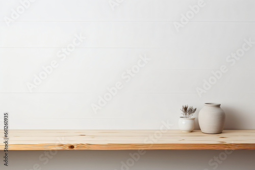 empty wooden table set against a white wall background provides an ideal canvas for product advertisement