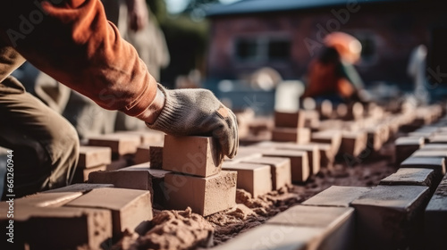 Man laying bricks at home under construction. © visoot