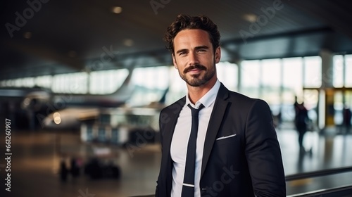 Handsome confident pilot on the airport background