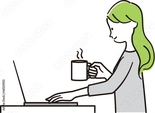 カフェ店でノートパソコンを開いて仕事をしている女性のイラスト素材