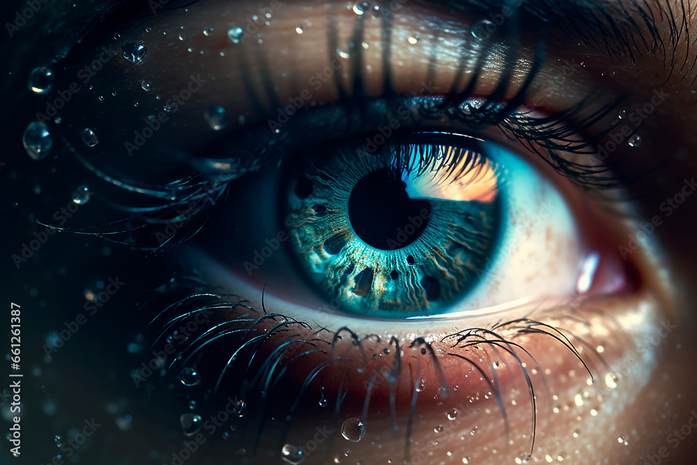 Blue eye close-up image. Drops of water on the eyelids