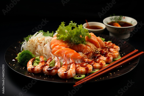 Beautifil composition of sushi sashimi set with shrimp, generative ai