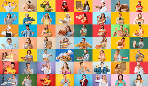 Fototapeta Naklejka Na Ścianę i Meble -  Collage of many people with tasty pizzas on color background