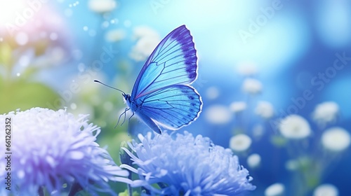 Close-up of a lovely blue flower and a butterfly against an ethereal, abstract background. romantically serene natural setting. lucid creative rendering. nature's purity and concern for the global eco © Anmol