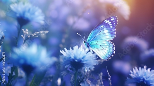 Close-up of a lovely blue flower and a butterfly against an ethereal, abstract background. romantically serene natural setting. lucid creative rendering. nature's purity and concern for the global eco