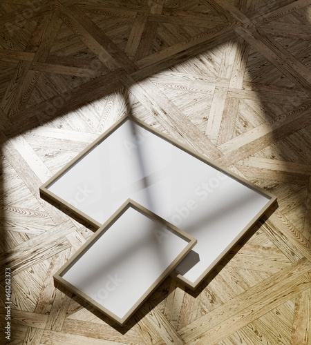 a bunch of wooden frame mockup poster on the wooden floor. aesthetic frame mockup