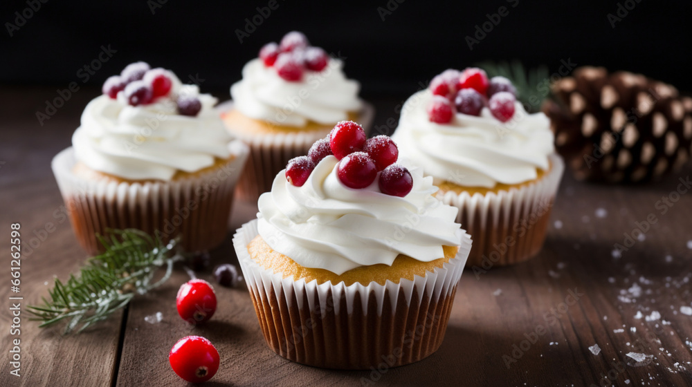Small Christmas frosting cakes with currants stock photography, generative ai