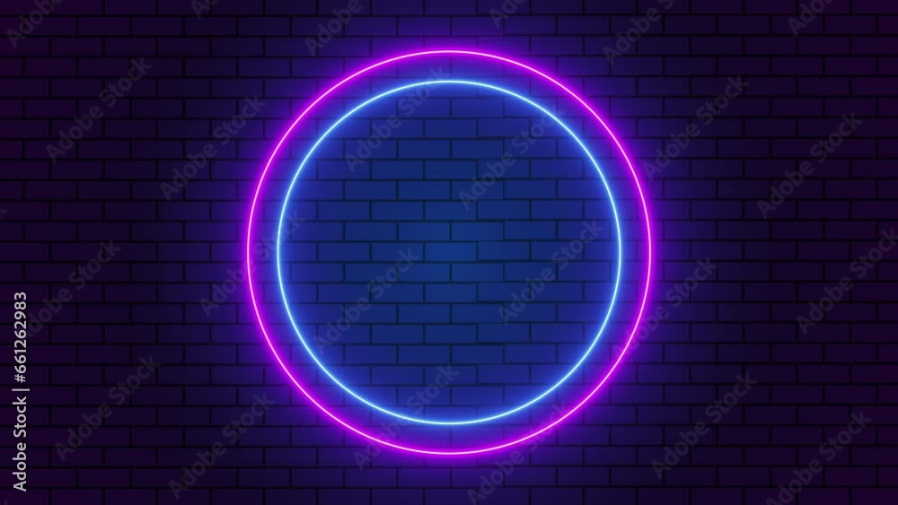 4K looped. Blue and purple neon light circle frame flicker animation with brick wall background