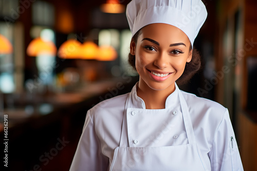 Portrait of African woman chef on kitchen background. A woman in a chef s hat and an apron.