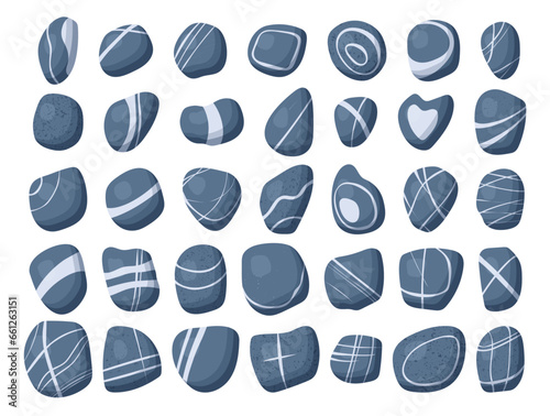 Vector sea river stones isolated on white. Different shapes, stripes, one colour, flat style with shadows. Alphabet same collection aviable. Vector illustration photo