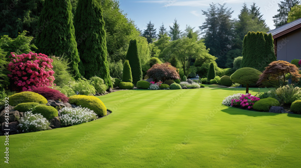 English style garden with scenic view of freshly mowed lawn flower bed and leafy trees - obrazy, fototapety, plakaty 