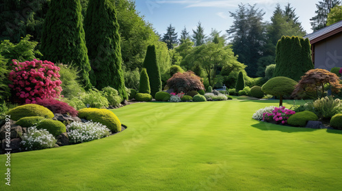 English style garden with scenic view of freshly mowed lawn flower bed and leafy trees © Ziyan Yang