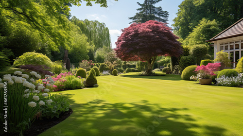 English style garden with scenic view of freshly mowed lawn flower bed and leafy trees photo