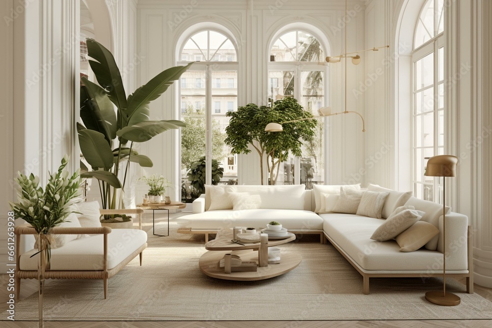 Classic living space in neutral tones with natural elements and serene ambiance, featuring a sofa, rug, plant-adorned tables, and unique architecture. Generative AI