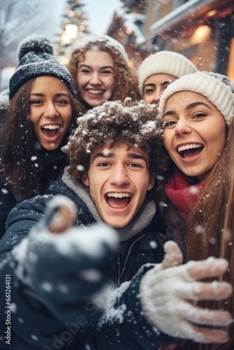 Group of attractive young women and men students catching snowflakes with their hands on Christmas Market background