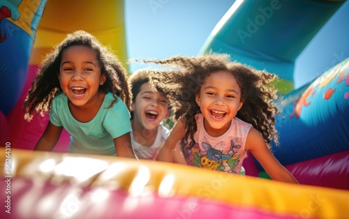Kids on the inflatable bounce house photo