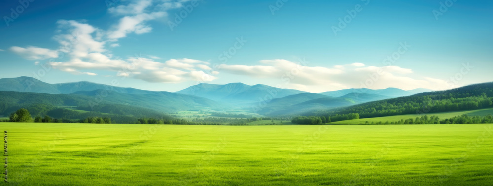 Panoramic landscape of green meadow and blue sky with clouds. High quality photo