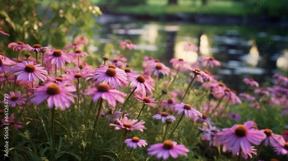 Garden with pink and purple coneflowers.