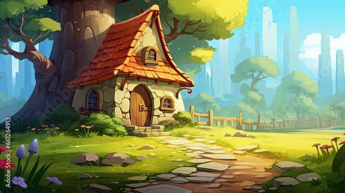 House on sunny glade in magic forest. Vector cartoon illustration of nice old cottage with wooden windows, door, chimney on roof, stone footpath in shadows of tall trees, fairytale game backgroundHous