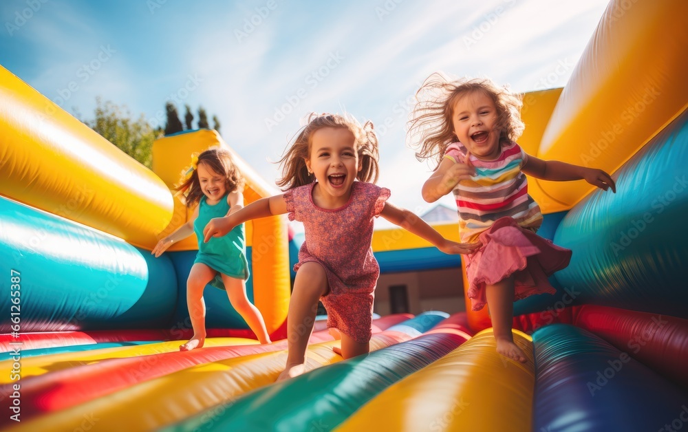 Kids on the inflatable bounce house - obrazy, fototapety, plakaty 