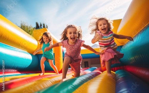 Kids on the inflatable bounce house photo