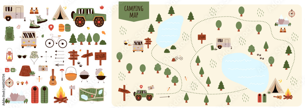 Camping and Hiking map creator. Set of flat cartoon elements for constructing summer camp activity. Vector nature clipart with mountains, lakes, trees for hiking or campfire plan. Flat illustration - obrazy, fototapety, plakaty 