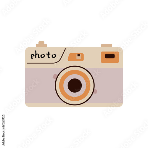 Photocamera  for hiking. Camping equipment. Hiking clipart. Vector doodle naive art illustration.