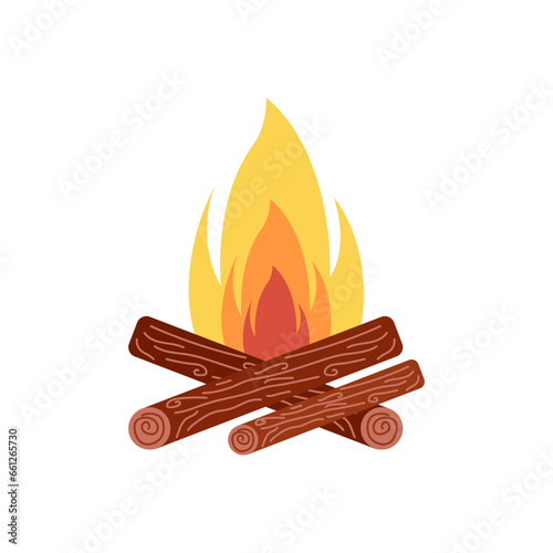 Fire with wood on white background. Hiking clipart. Vector doodle naive art illustration.