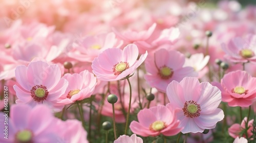 a lovely natural background with flowers. Lots of softly focused, pink Chinese or Japanese anemone blossoms in the natural world. whole frame photo filled. © Anmol