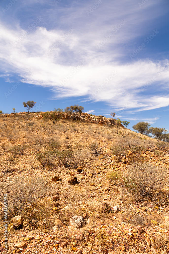 A rocky hill in a harsh, semi arid rock landscape with isolated trees and bushes and an interesting sky.