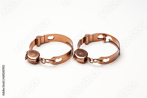 Metallic handcuffs isolated on a white background photo